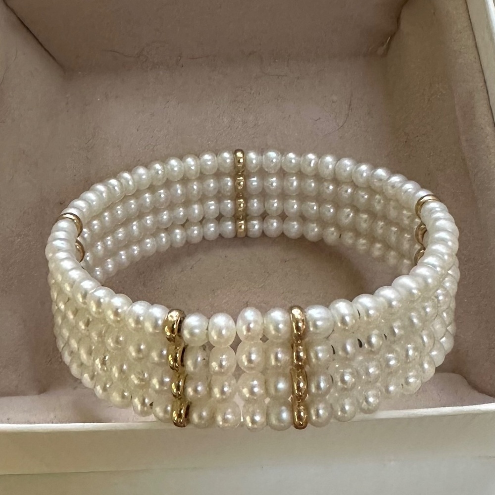 14k gold bead and freshwater pearl cuff bracelet